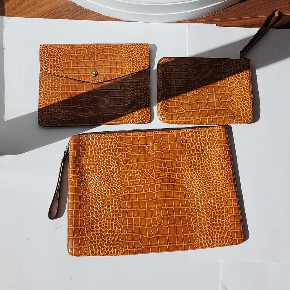 BUNDLE of 3 Patricia Nash Leather Laptop and iPad Cases, Wristlet in Cognac Croc